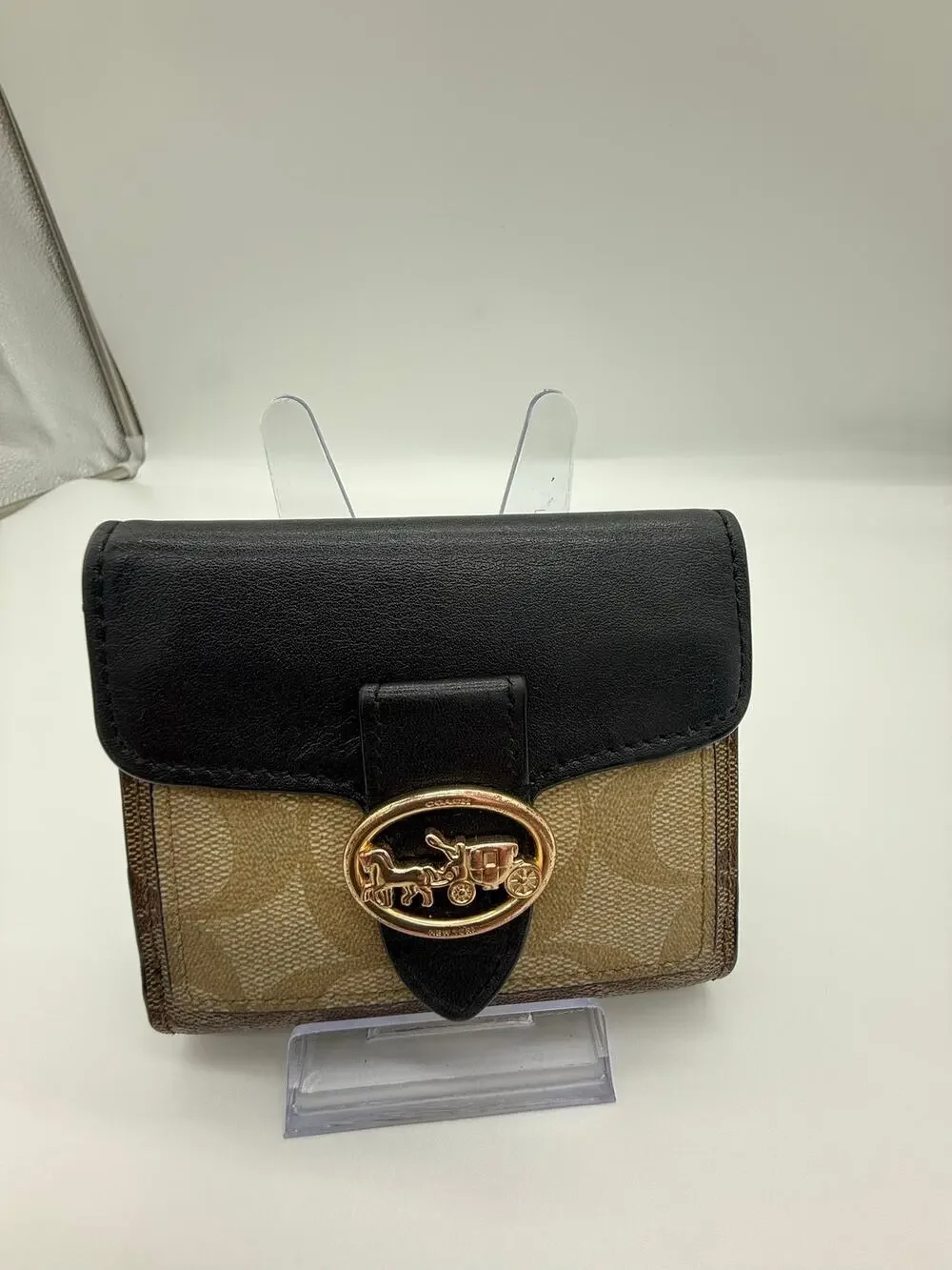 COACH Georgie Small Wallet Signature Canvas Black Smooth Leather Horse Carriage